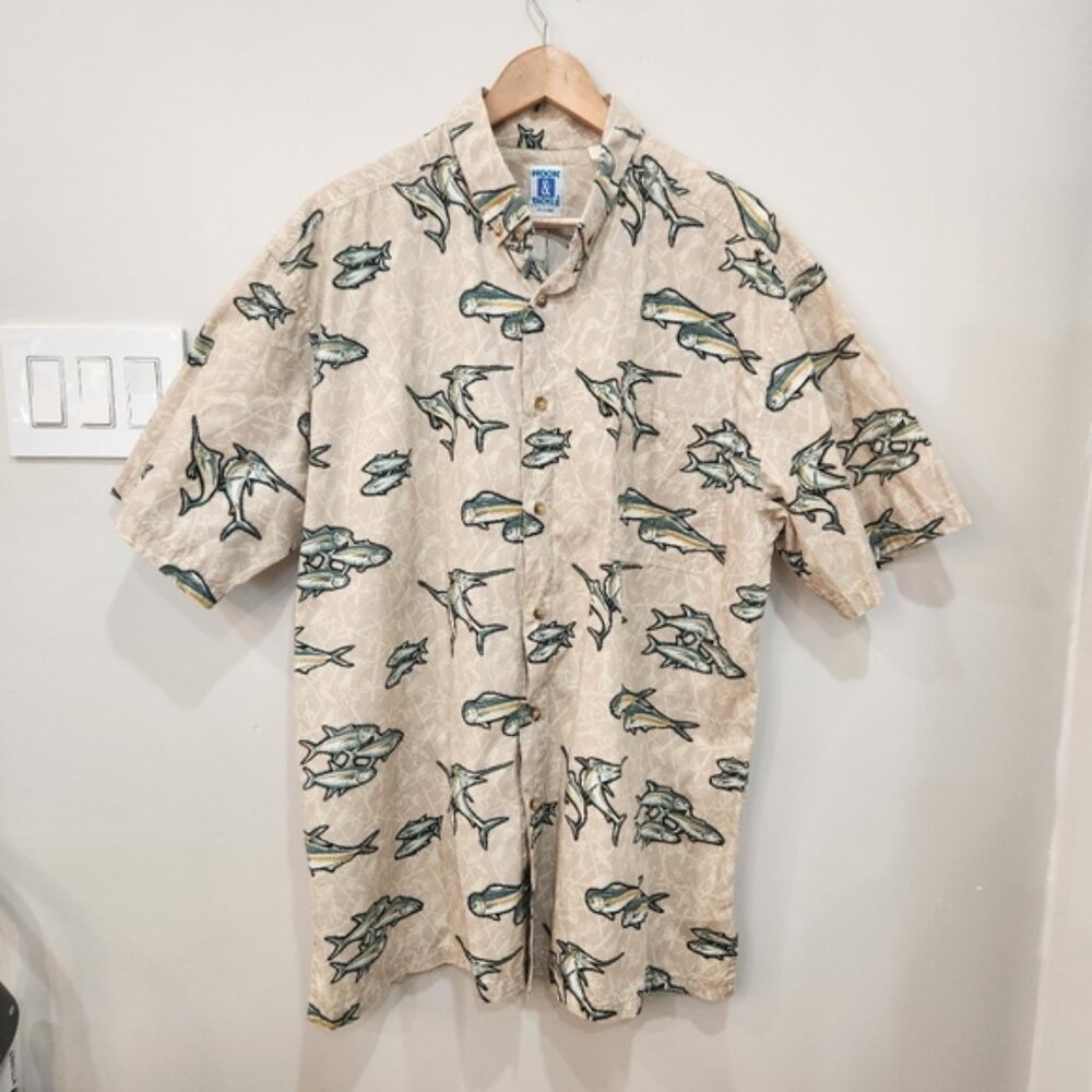 Hook  Tackle Hawaiian Shirt Mens XL Cream All Over Fish Print 100% Cotton Beach